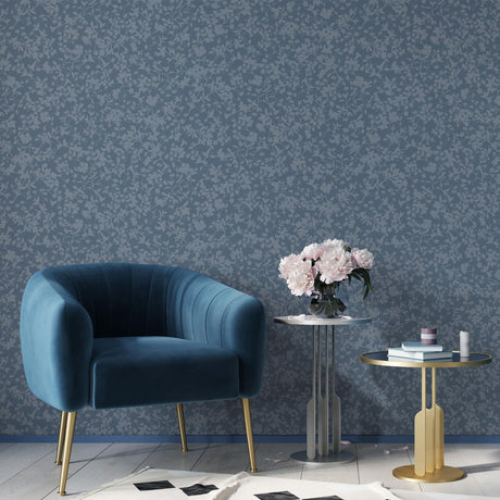 DecoratorsBest Shimmering Floral Canopy on Foil Blue Wallpaper