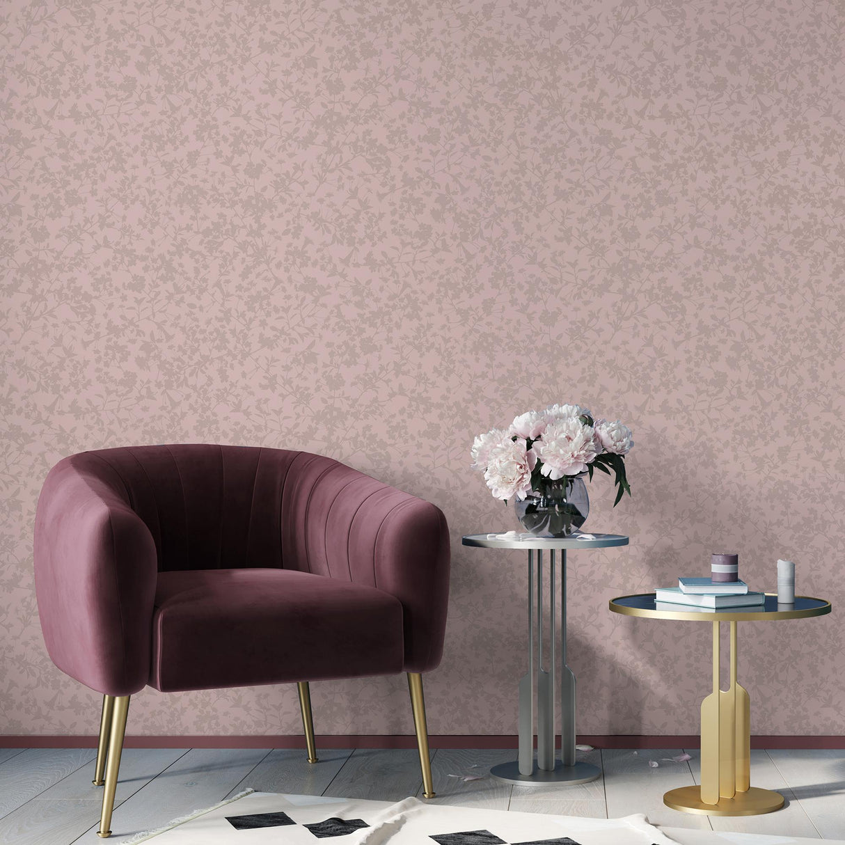 DecoratorsBest Shimmering Floral Canopy on Foil Pink Wallpaper
