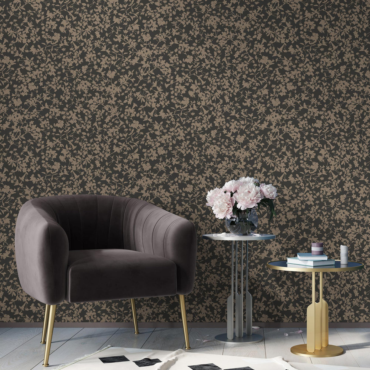 DecoratorsBest Shimmering Floral Canopy on Foil Black Wallpaper