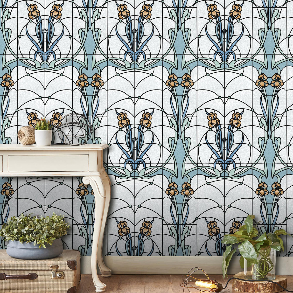DecoratorsBest Floral Stained Glass Blue Wallpaper