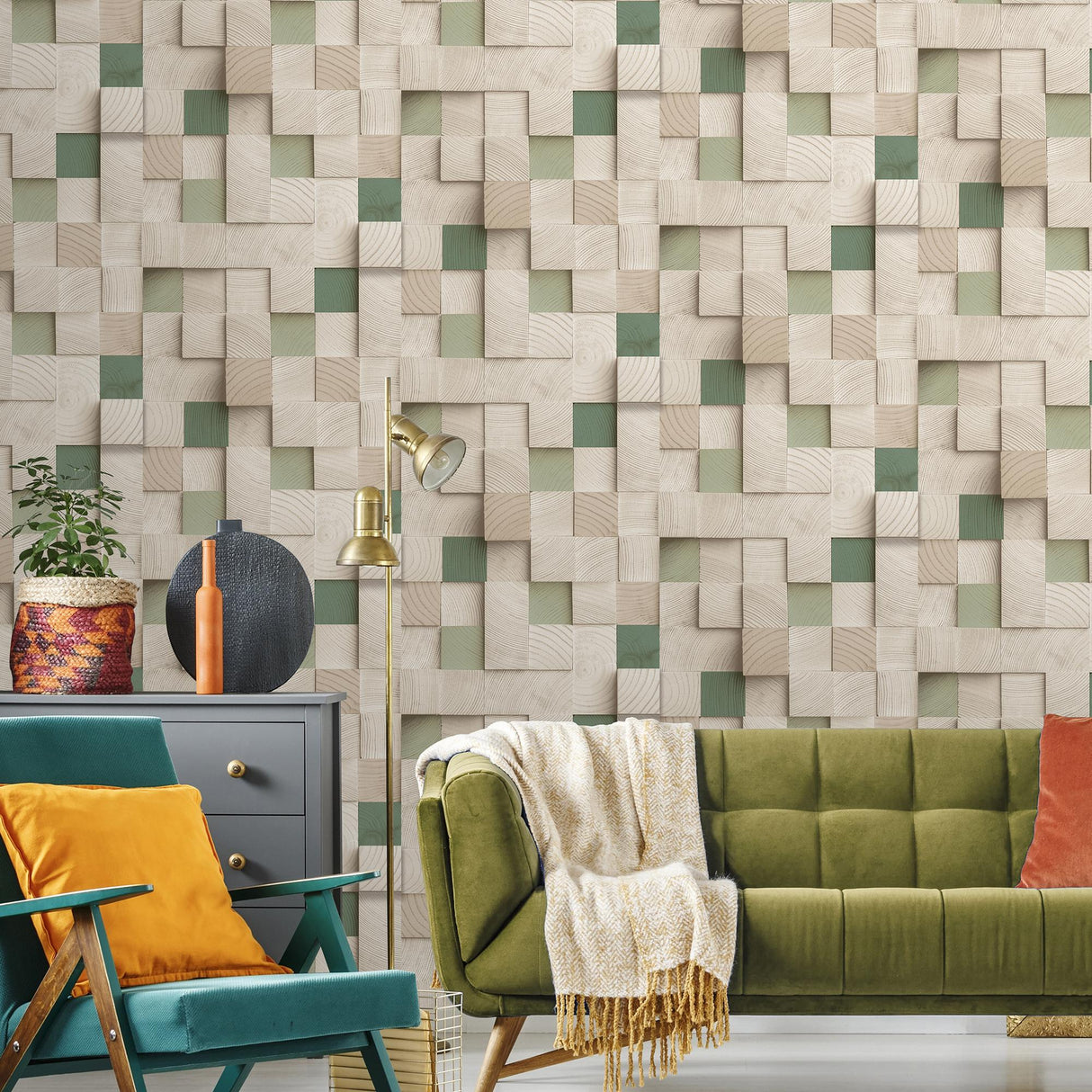 DecoratorsBest Wood Blocks Natural and Greens Wallpaper