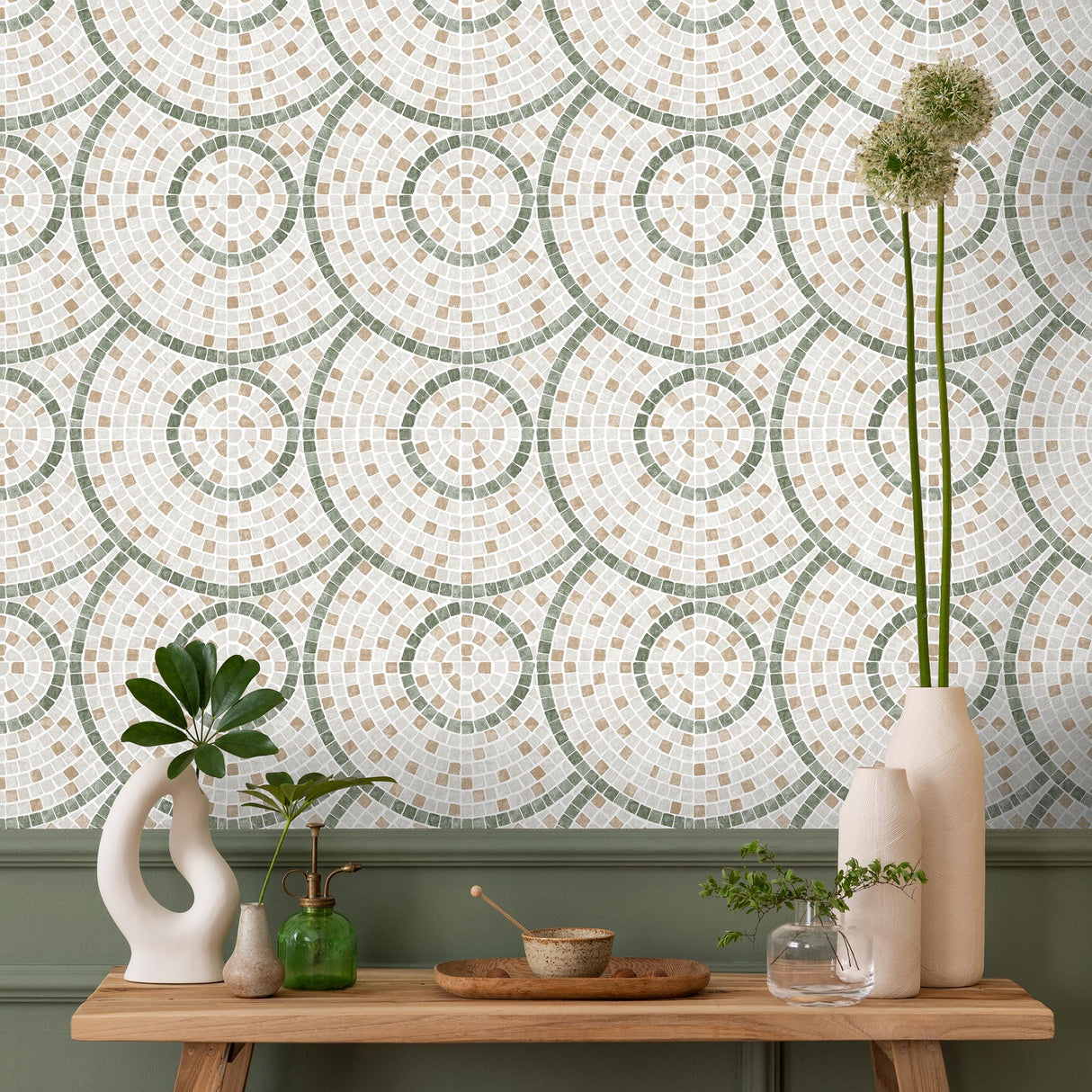 DecoratorsBest Mosaic Mirage Green and Neutrals Wallpaper