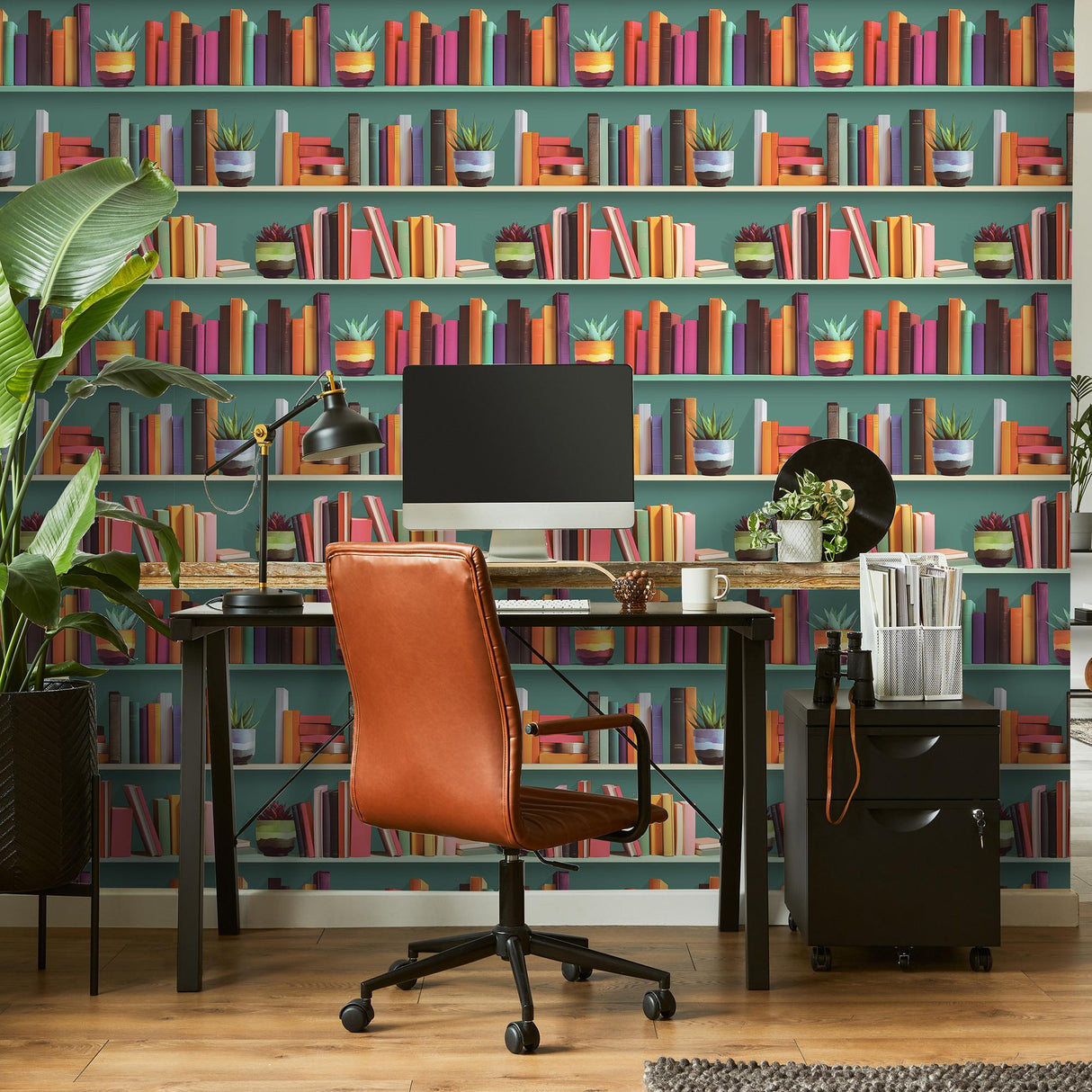 DecoratorsBest Modern Bookshelf Green Ground Wallpaper