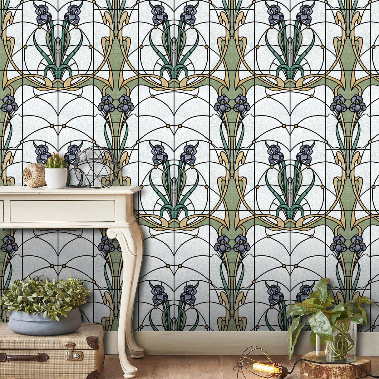 DecoratorsBest Floral Stained Glass Purple Flower Wallpaper