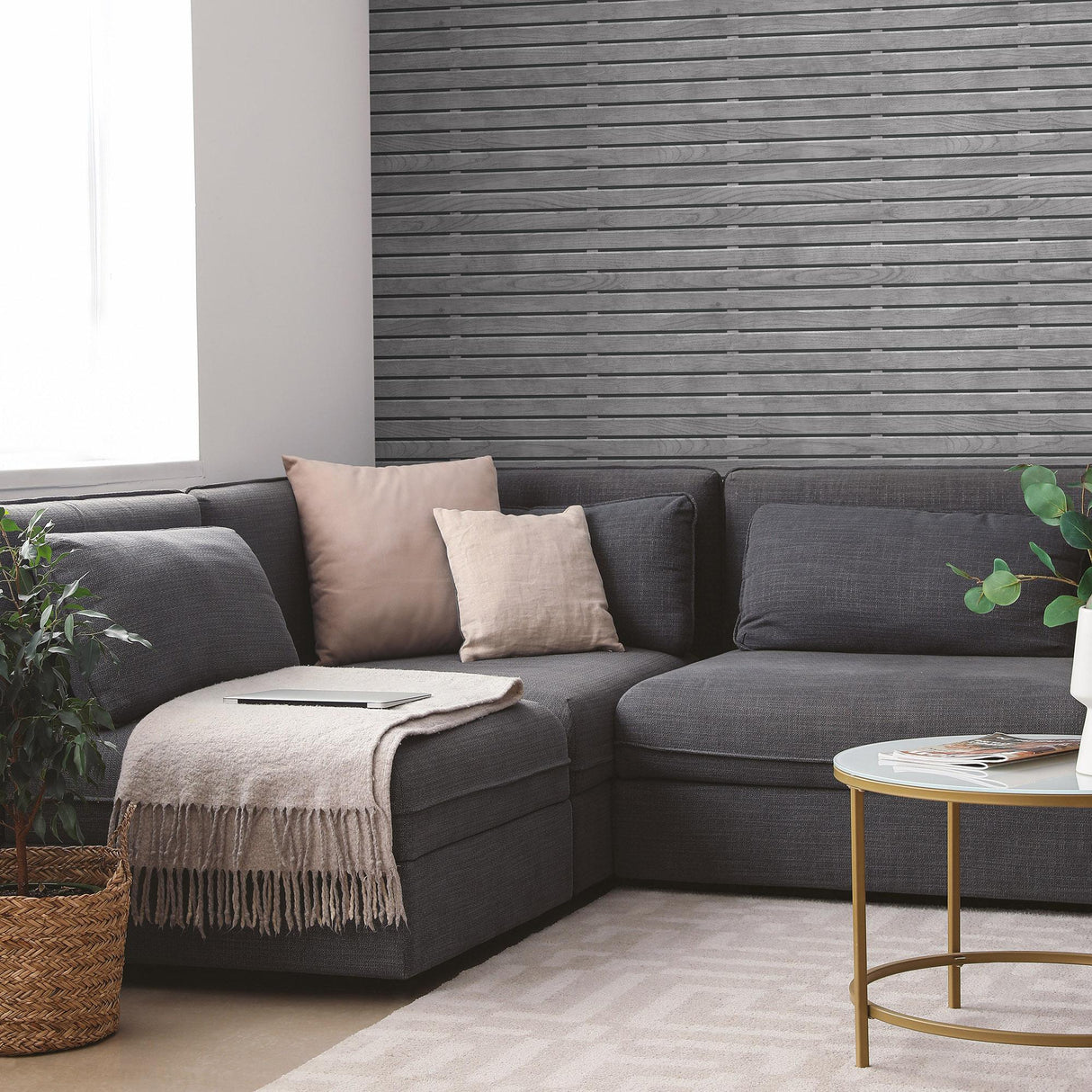 DecoratorsBest Horizontal Wood Slat Grey Wallpaper