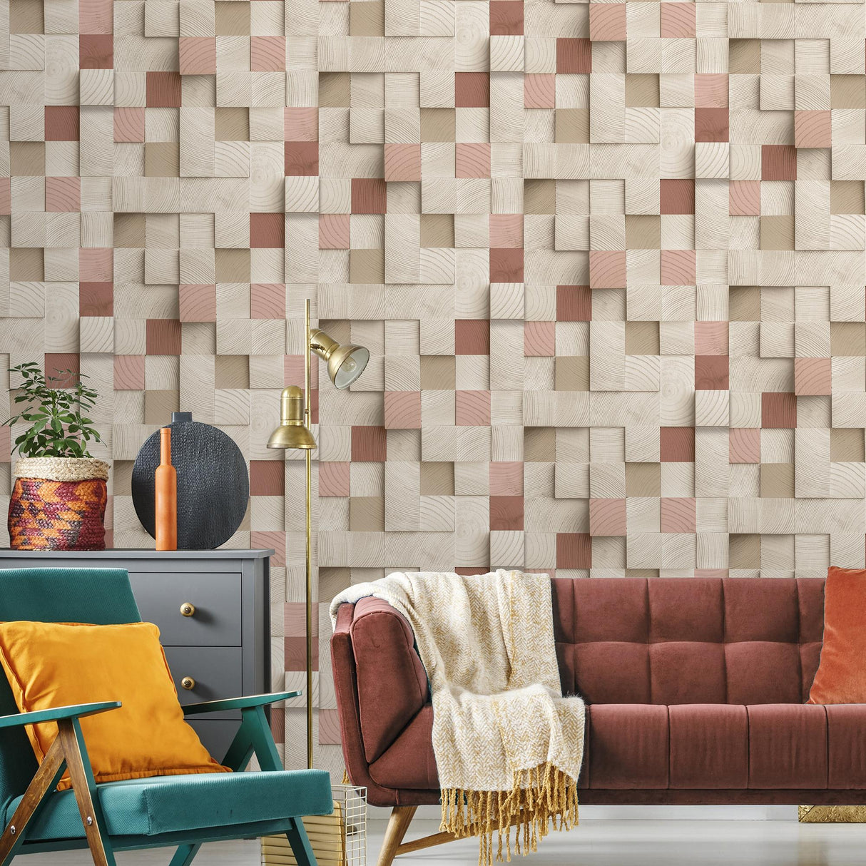 DecoratorsBest Wood Blocks Natural and Reds Wallpaper