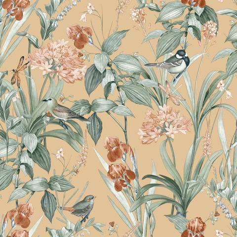 DecoratorsBest Mint Birds and Dragonflies Botanical Ocher Ground Wallpaper