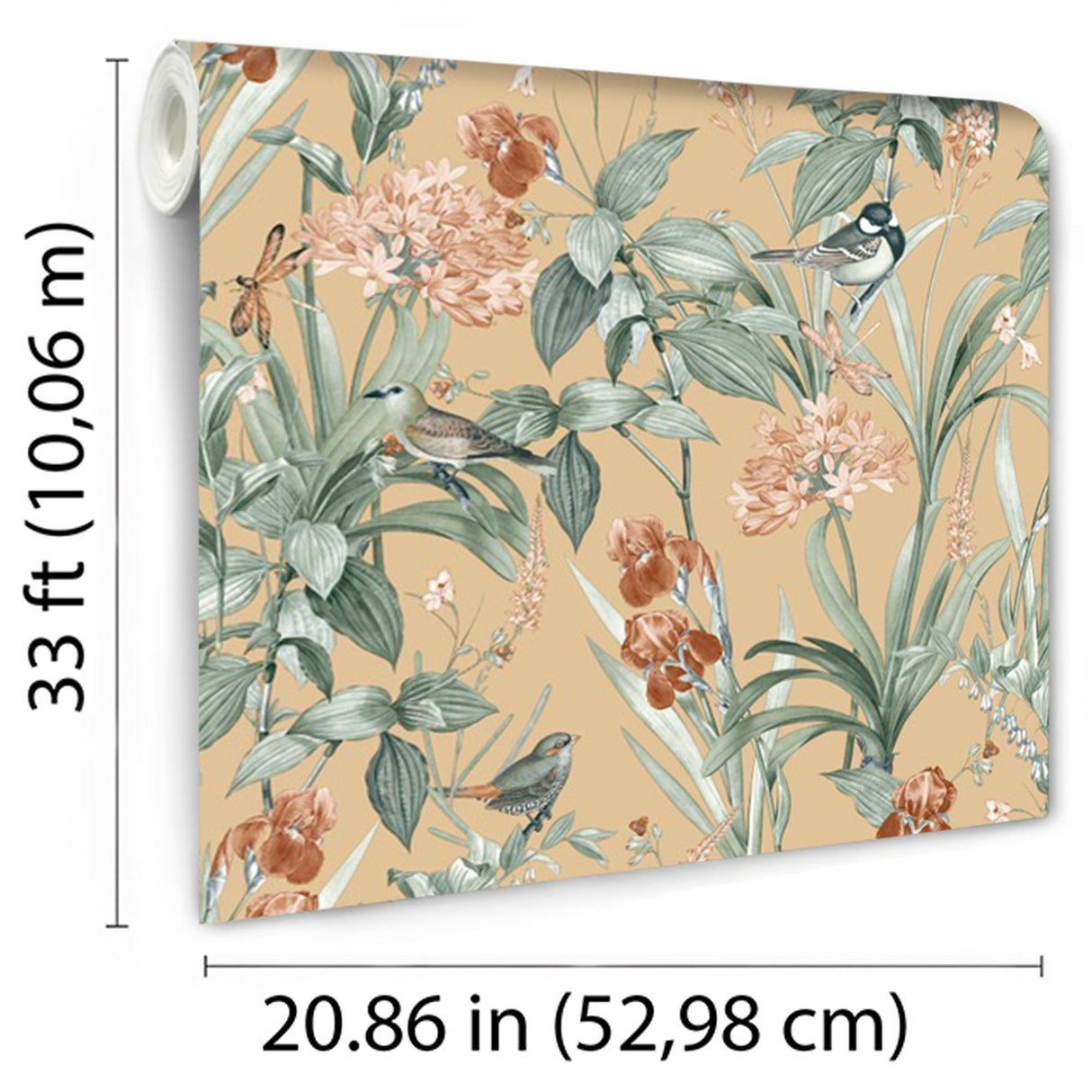 DecoratorsBest Mint Birds and Dragonflies Botanical Ocher Ground Wallpaper