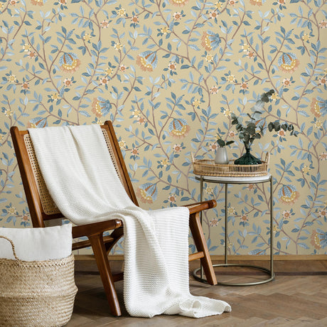 DecoratorsBest Vintage Botanical Blooms Blue and Yellow Wallpaper