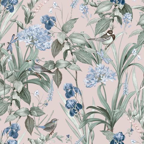 DecoratorsBest Mint Birds and Dragonflies Botanical Dust Pink Ground Wallpaper