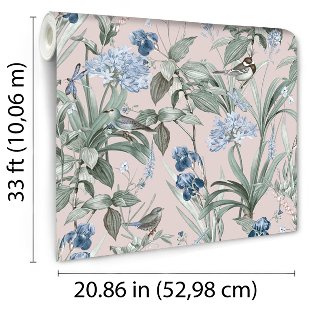 DecoratorsBest Mint Birds and Dragonflies Botanical Dust Pink Ground Wallpaper