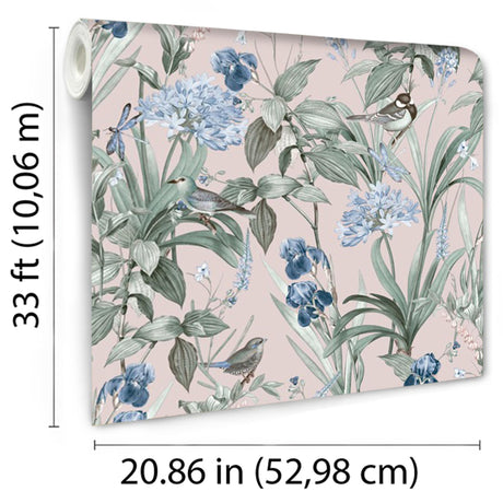 DecoratorsBest Mint Birds and Dragonflies Botanical Dust Pink Ground Wallpaper