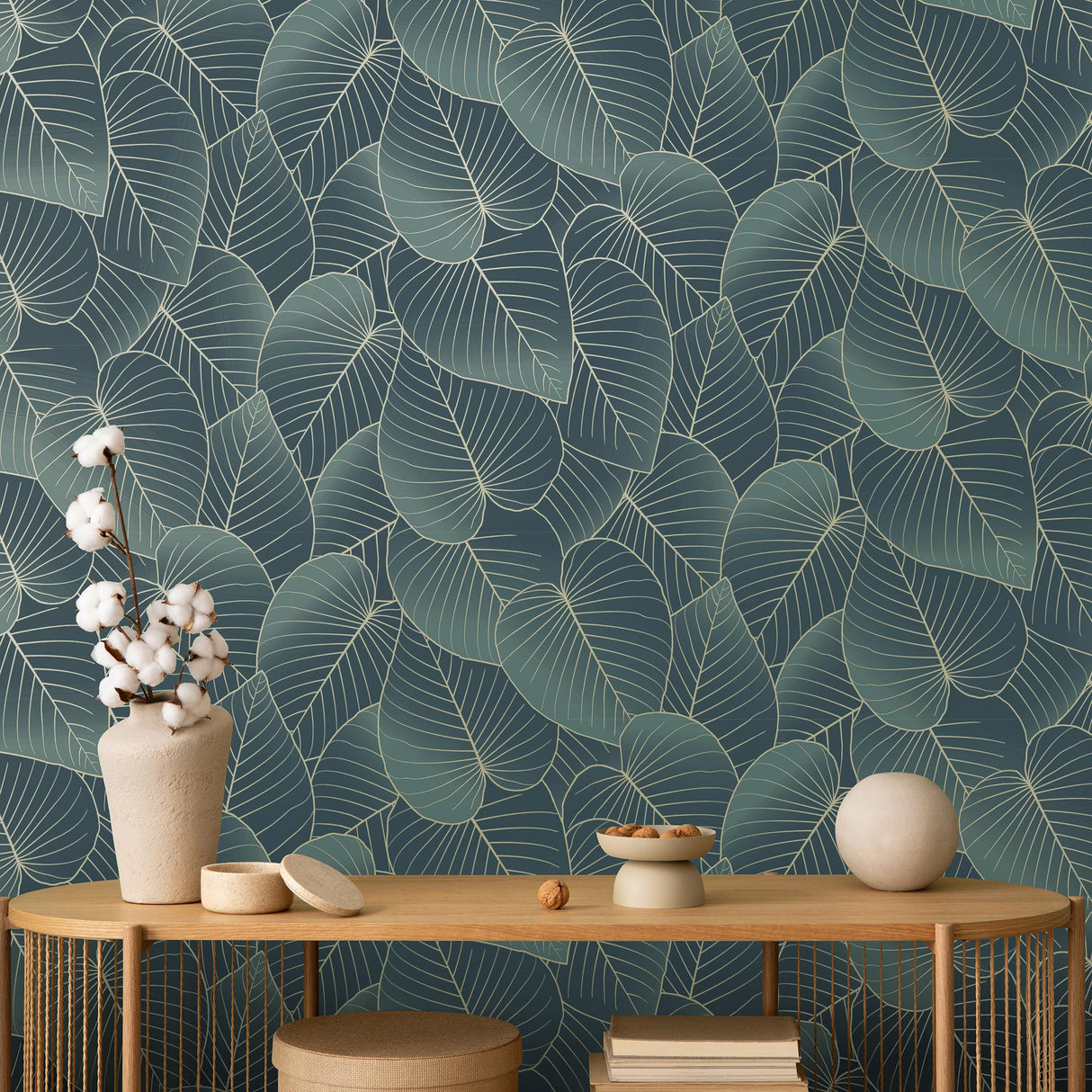 DecoratorsBest Graphic Leaves Dark Green with Foil Accents Wallpaper