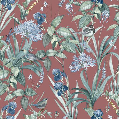 DecoratorsBest Mint Birds and Dragonflies Botanical Red Wallpaper