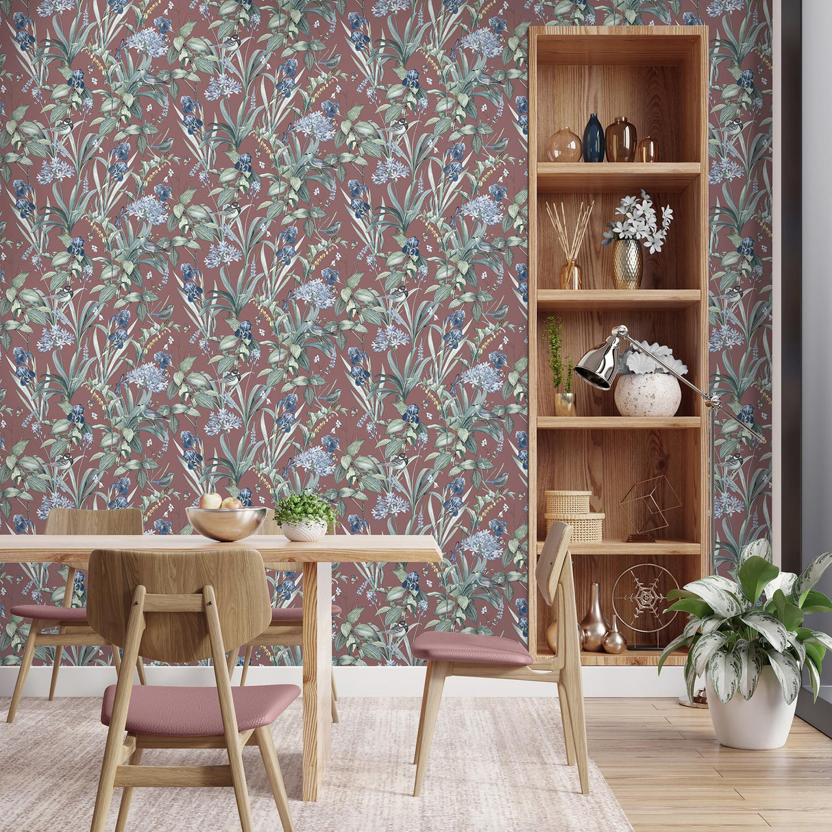 DecoratorsBest Mint Birds and Dragonflies Botanical Red Wallpaper