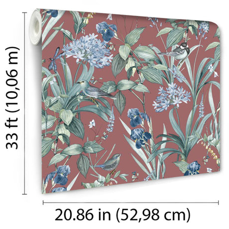 DecoratorsBest Mint Birds and Dragonflies Botanical Red Wallpaper