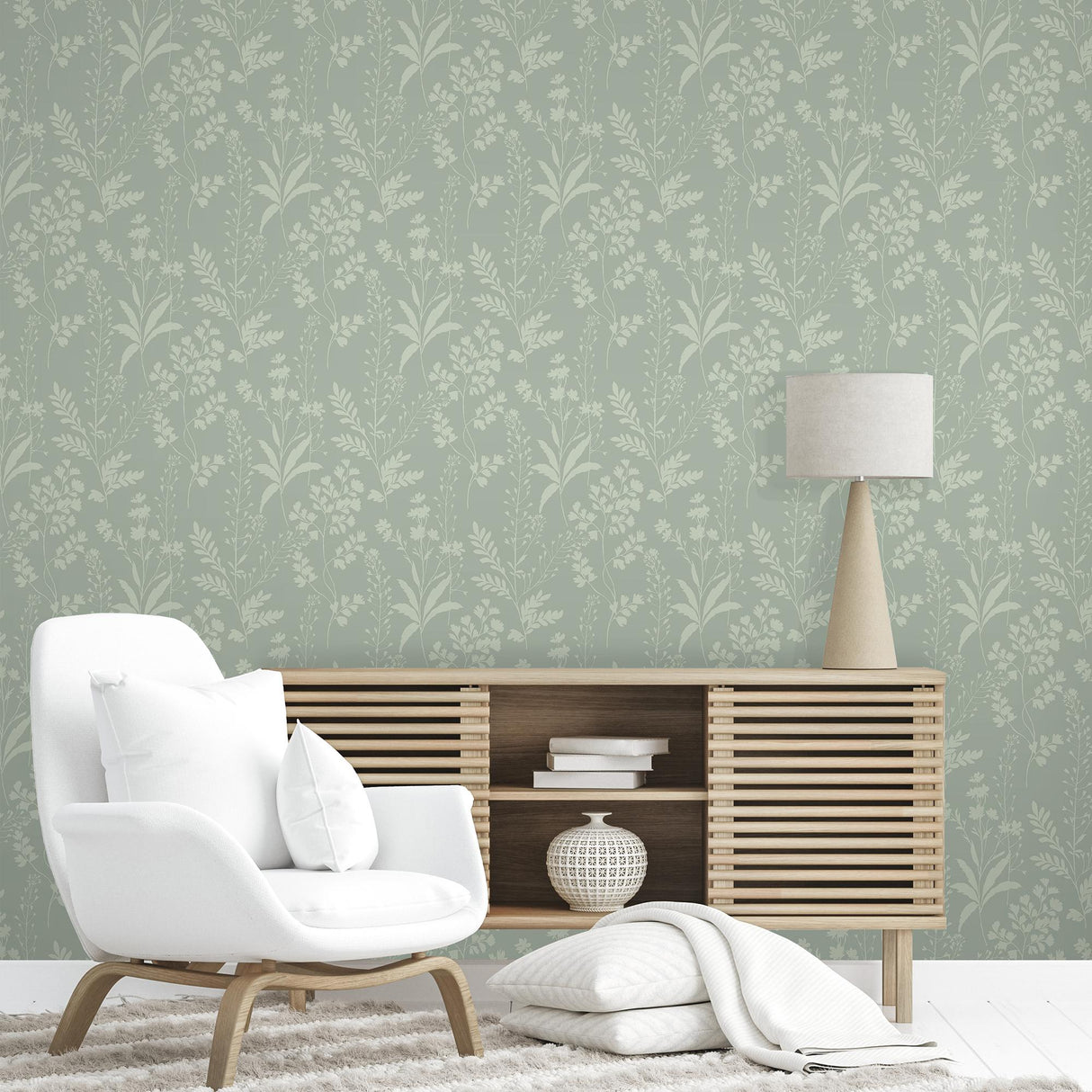 DecoratorsBest Wildflower Silhouettes Pale Green Sage Wallpaper