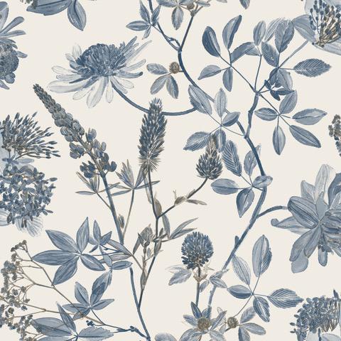 DecoratorsBest Botanical Print Blue with Ecru Cream Ground Wallpaper