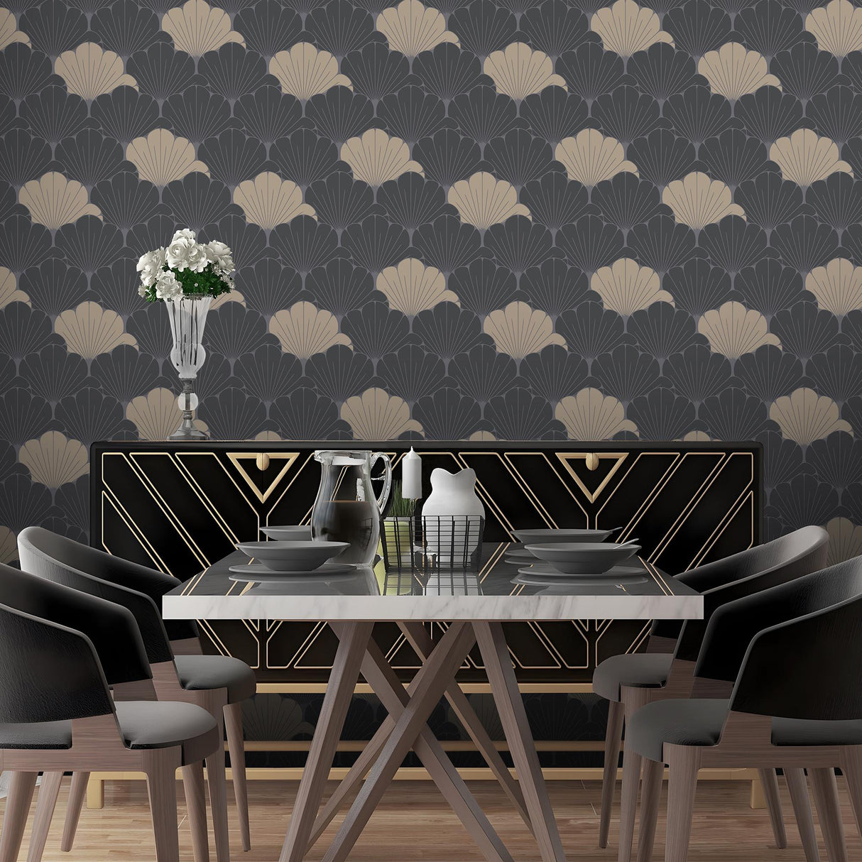 DecoratorsBest Giant Art Deco Gingko Leaf Black Wallpaper