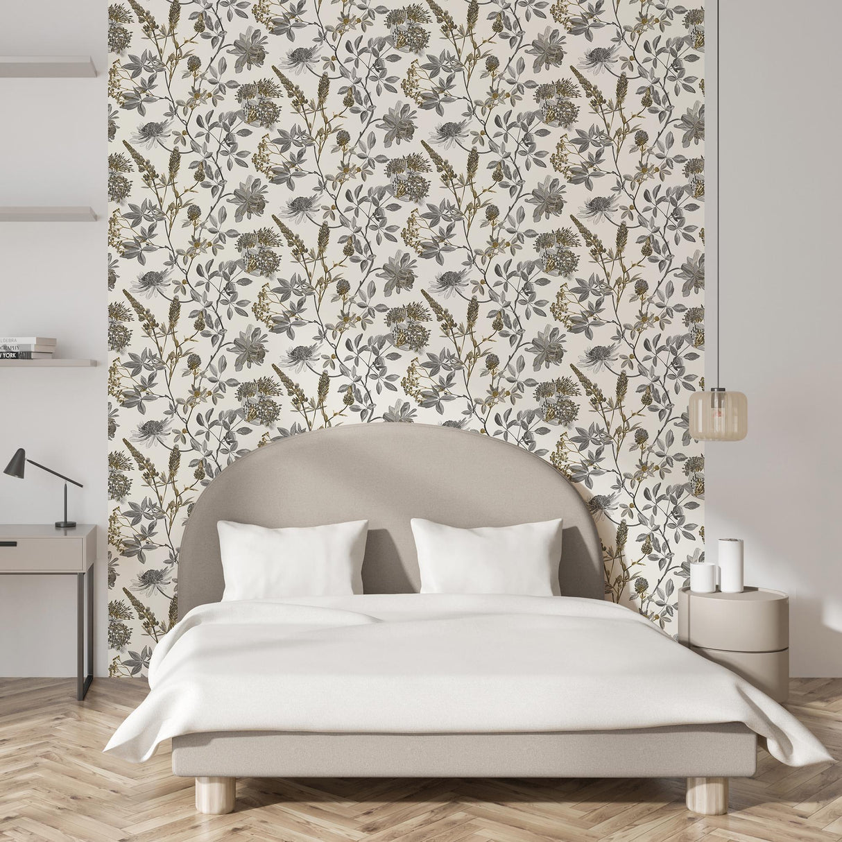 DecoratorsBest Botanical Print Grey with Ecru Cream Ground Wallpaper