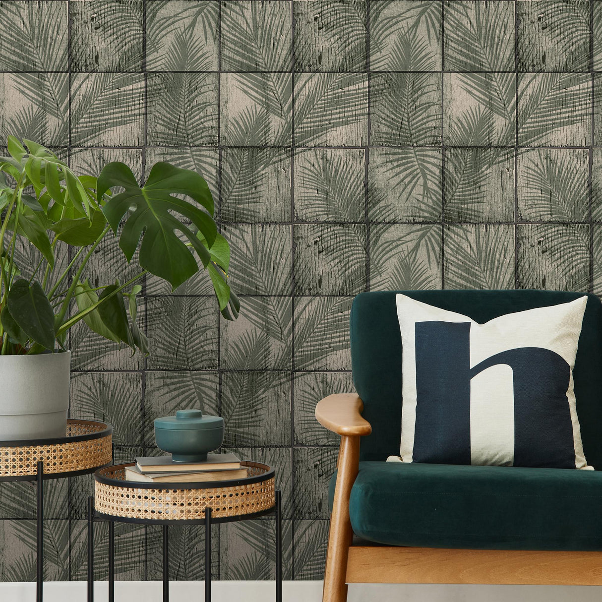 DecoratorsBest Rustic Palm Shadow Tile Green Wallpaper
