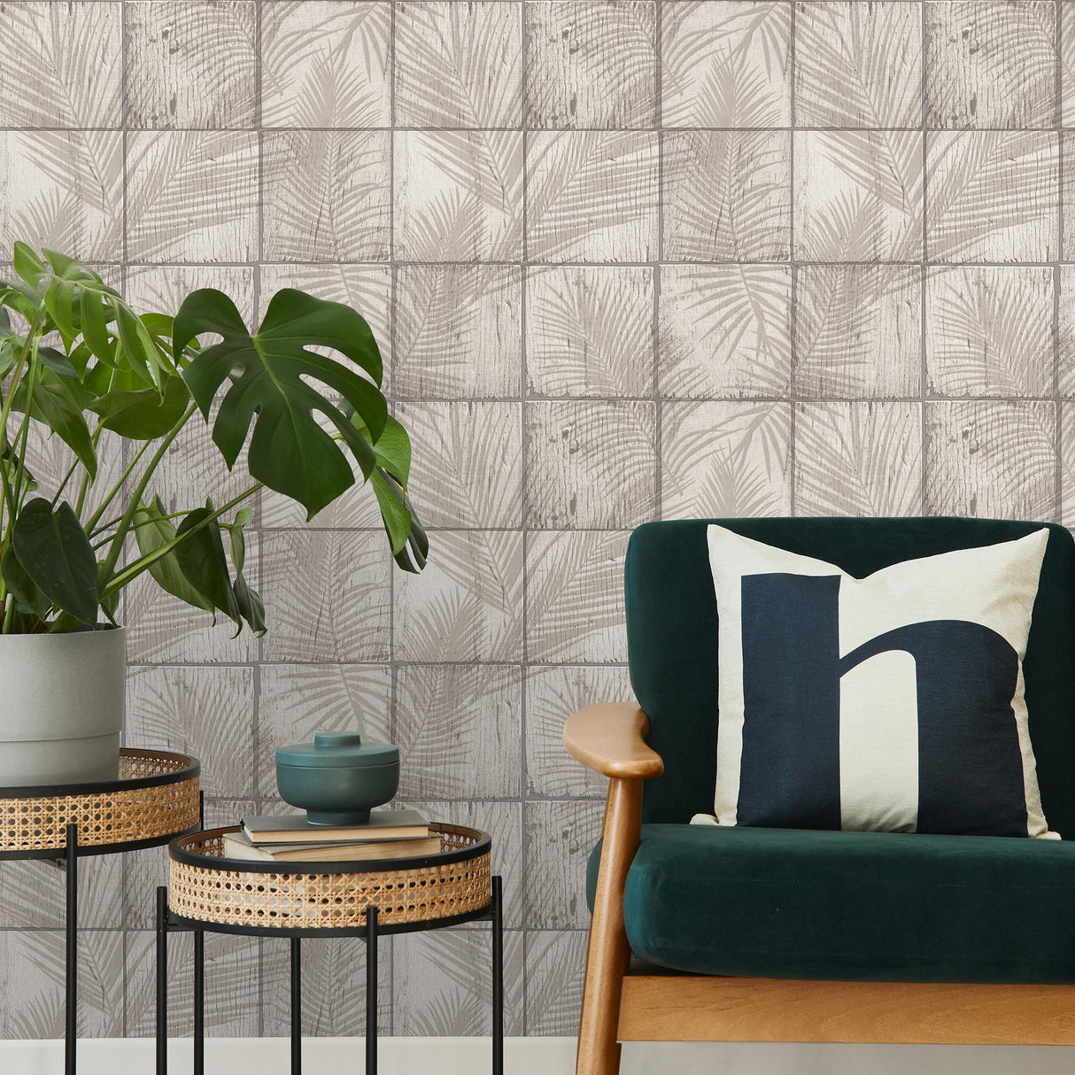 DecoratorsBest Rustic Palm Shadow Tile Beige Wallpaper