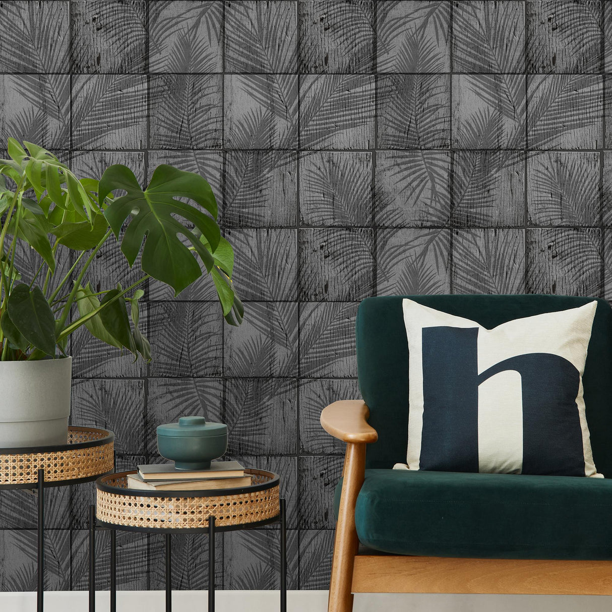 DecoratorsBest Rustic Palm Shadow Tile Grey Wallpaper