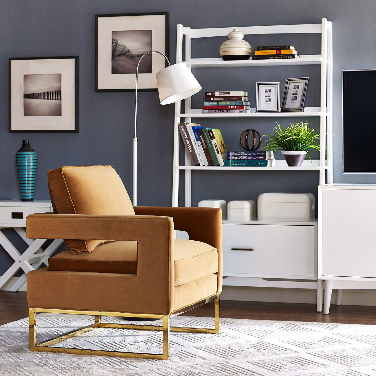TOV Avery Cognac Velvet Chair With Polished Gold Base