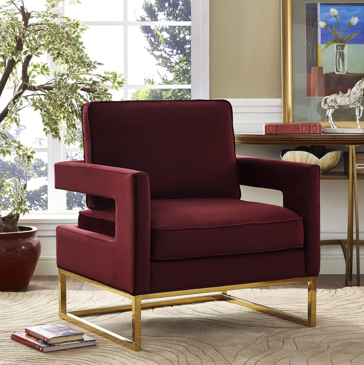 TOV Avery Maroon Velvet Chair With Polished Gold Base