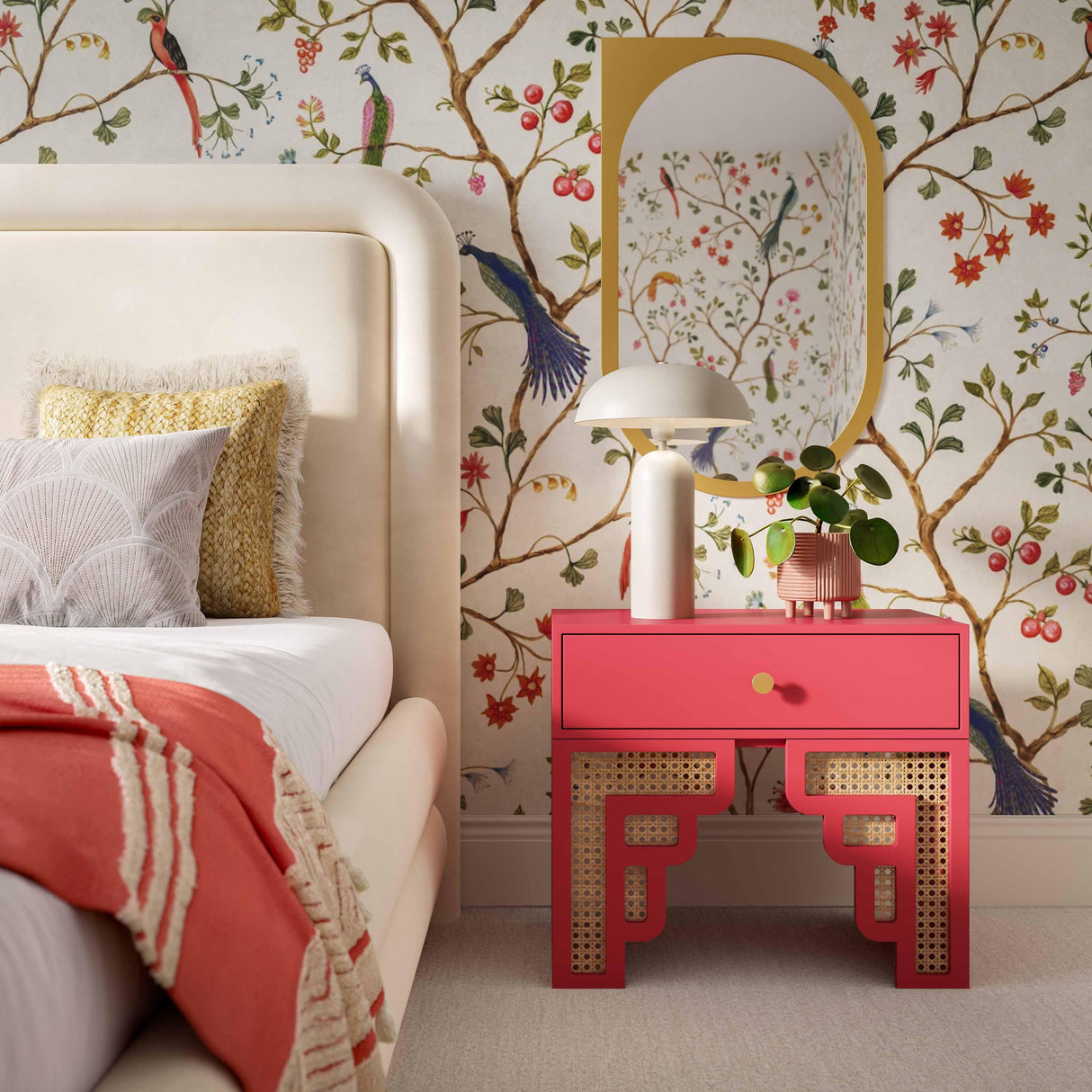 TOV Suzie Coral Pink & Rattan Nightstand