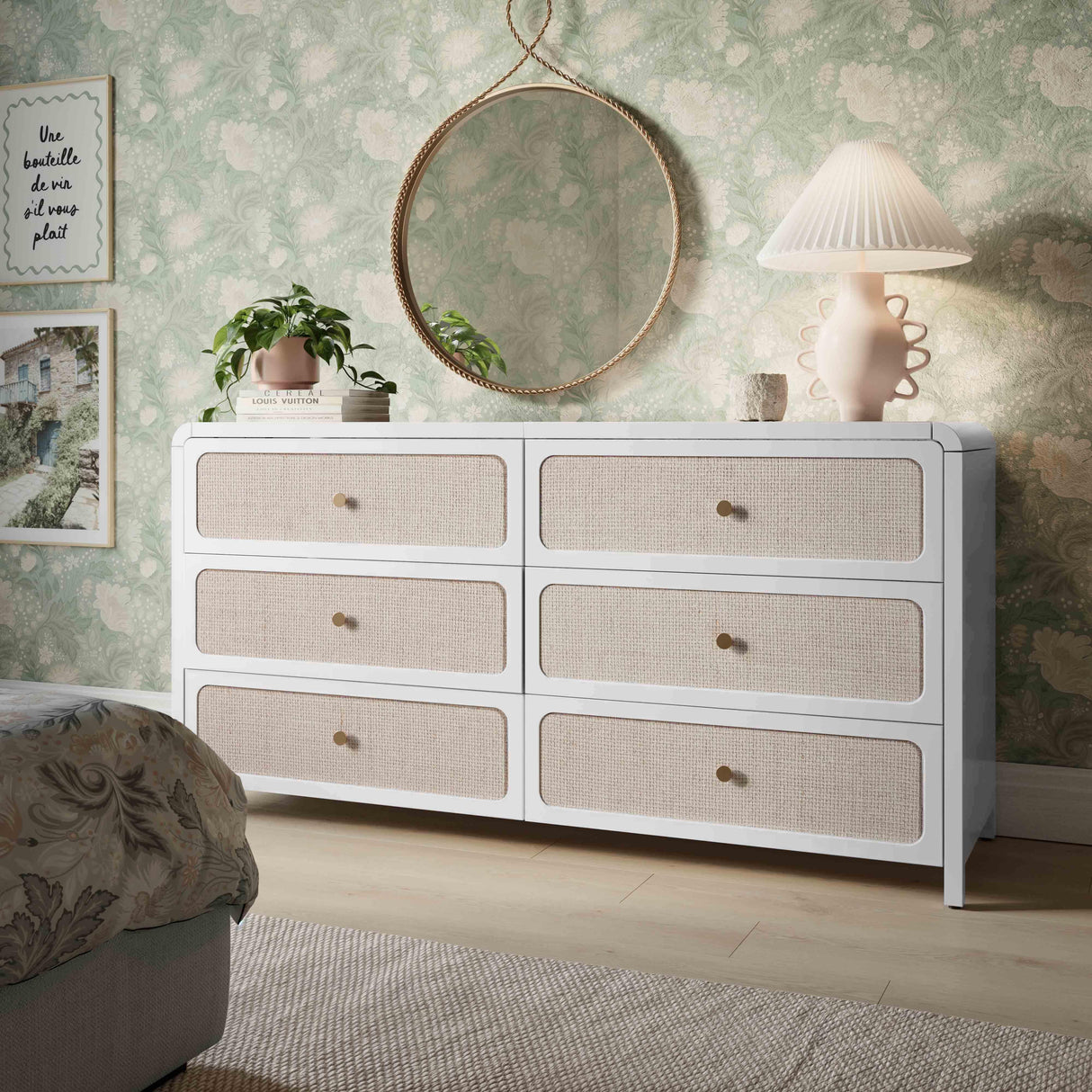TOV Patty White Rattan 6 Drawer Dresser