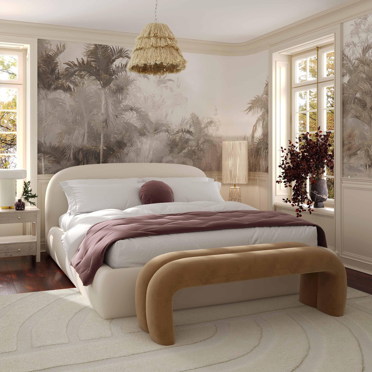TOV Bara Cream Textured Velvet Queen Bed