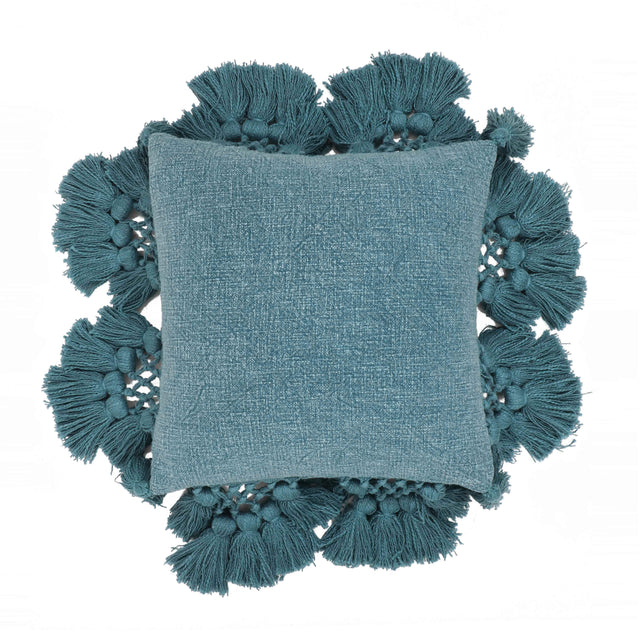 TOV Stone Washed Denim Blue Cotton Tasseled Pillow