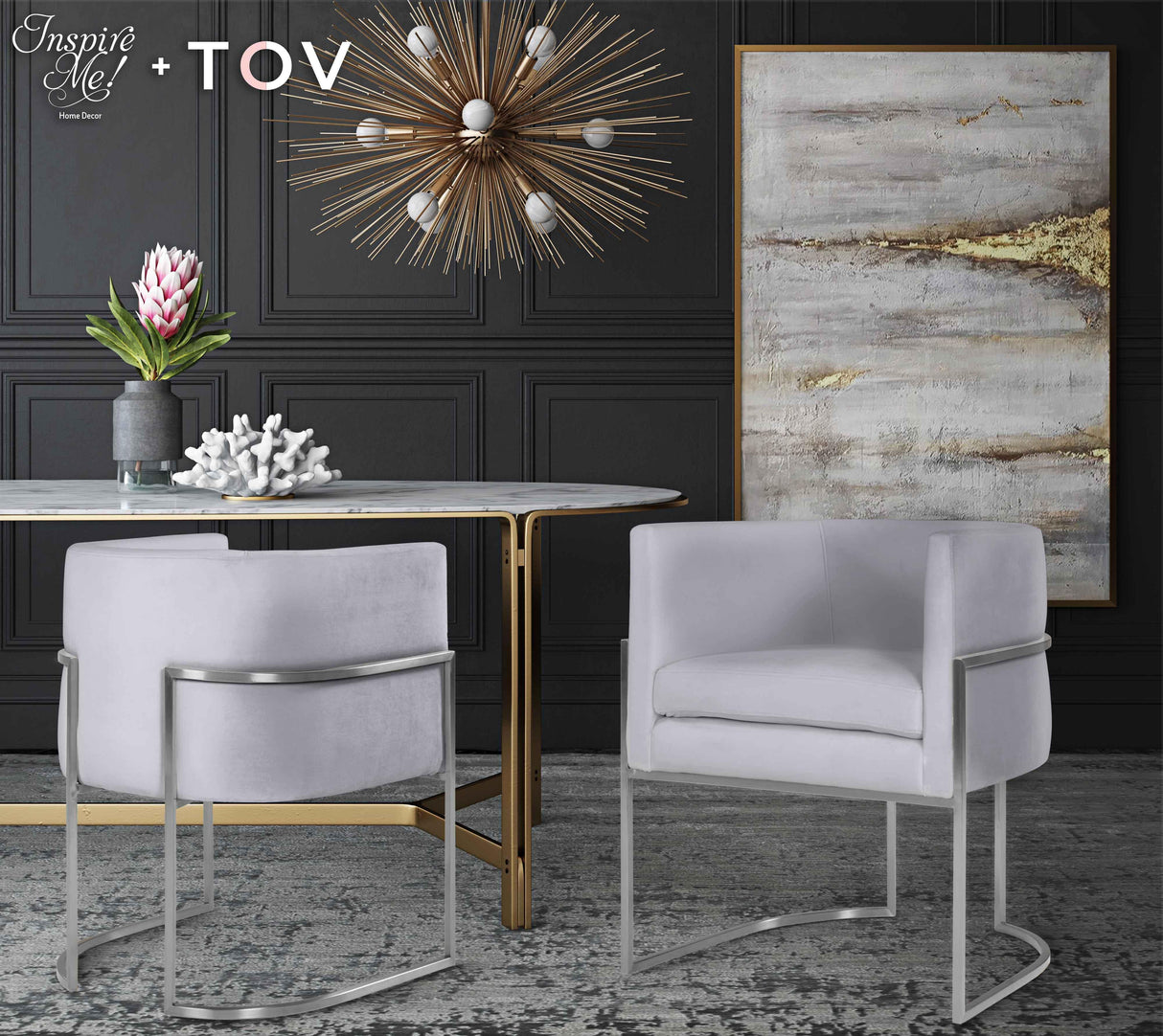 TOV Giselle Grey Velvet Dining Chair with Silver Leg