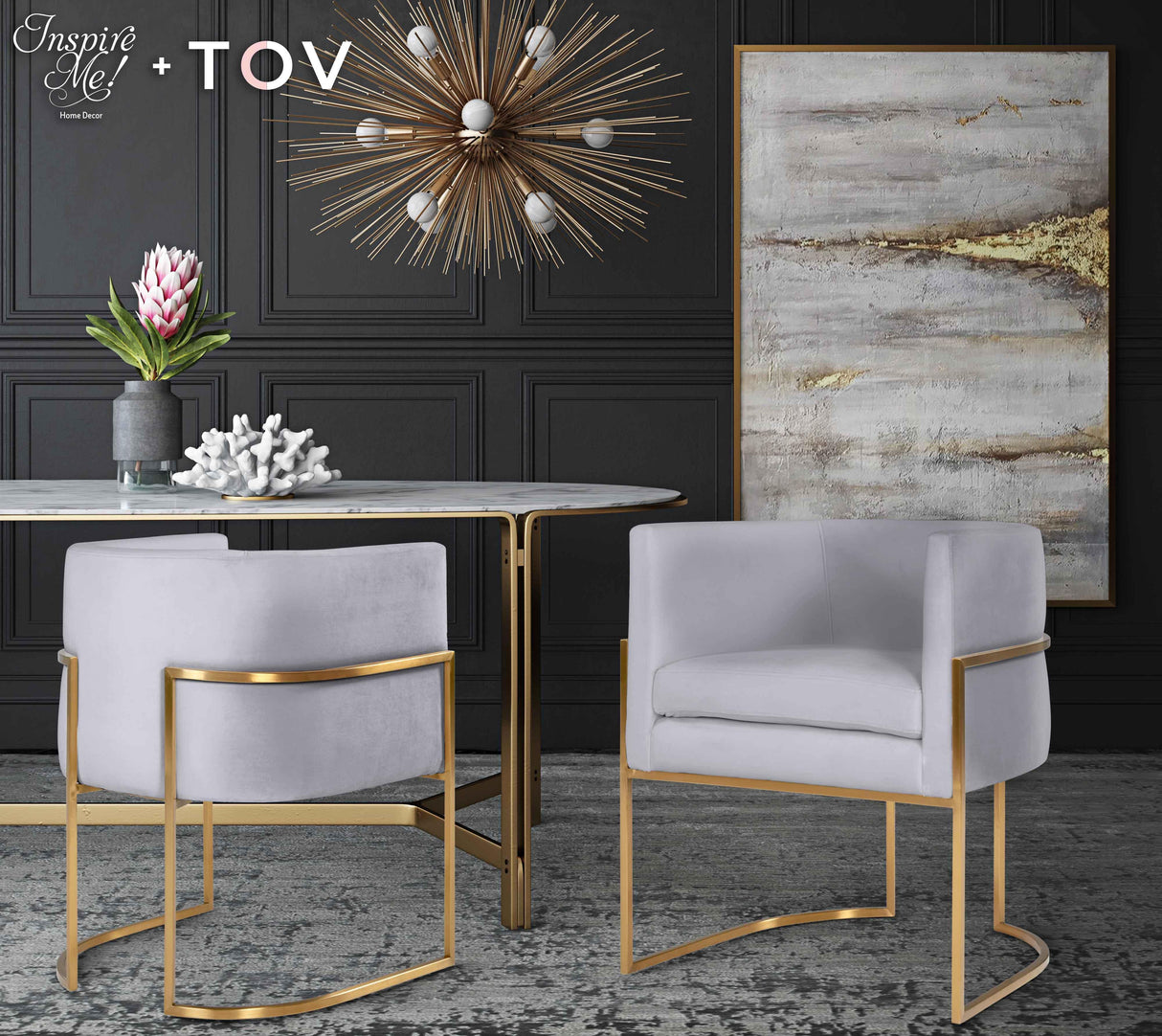 TOV Giselle Grey Velvet Dining Chair with Gold Leg