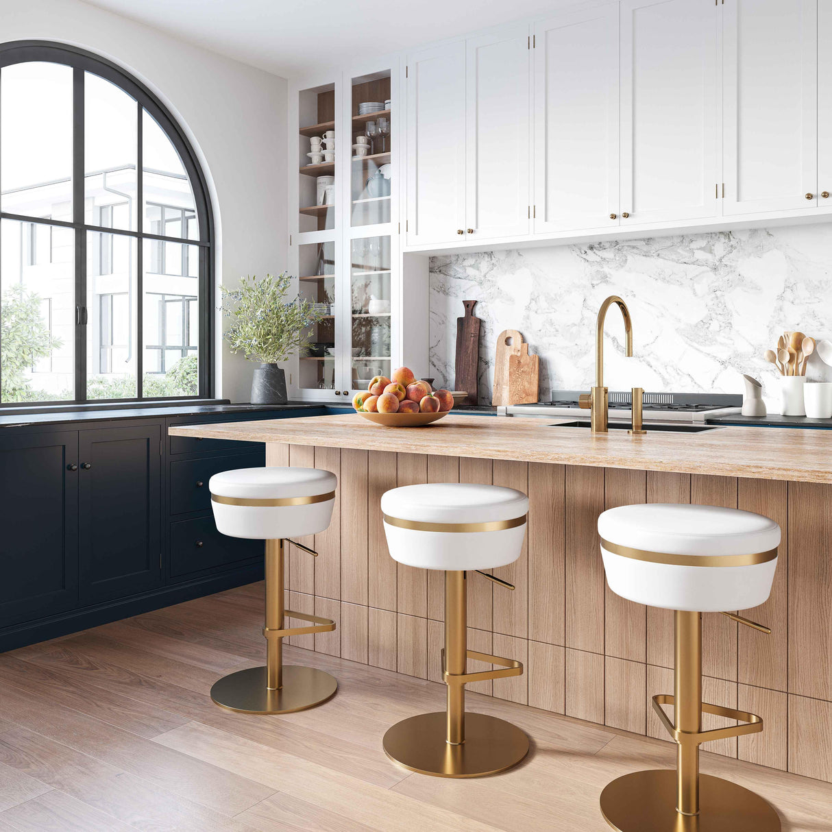 TOV Astro White Performance Vegan Leather and Gold Adjustable Stool