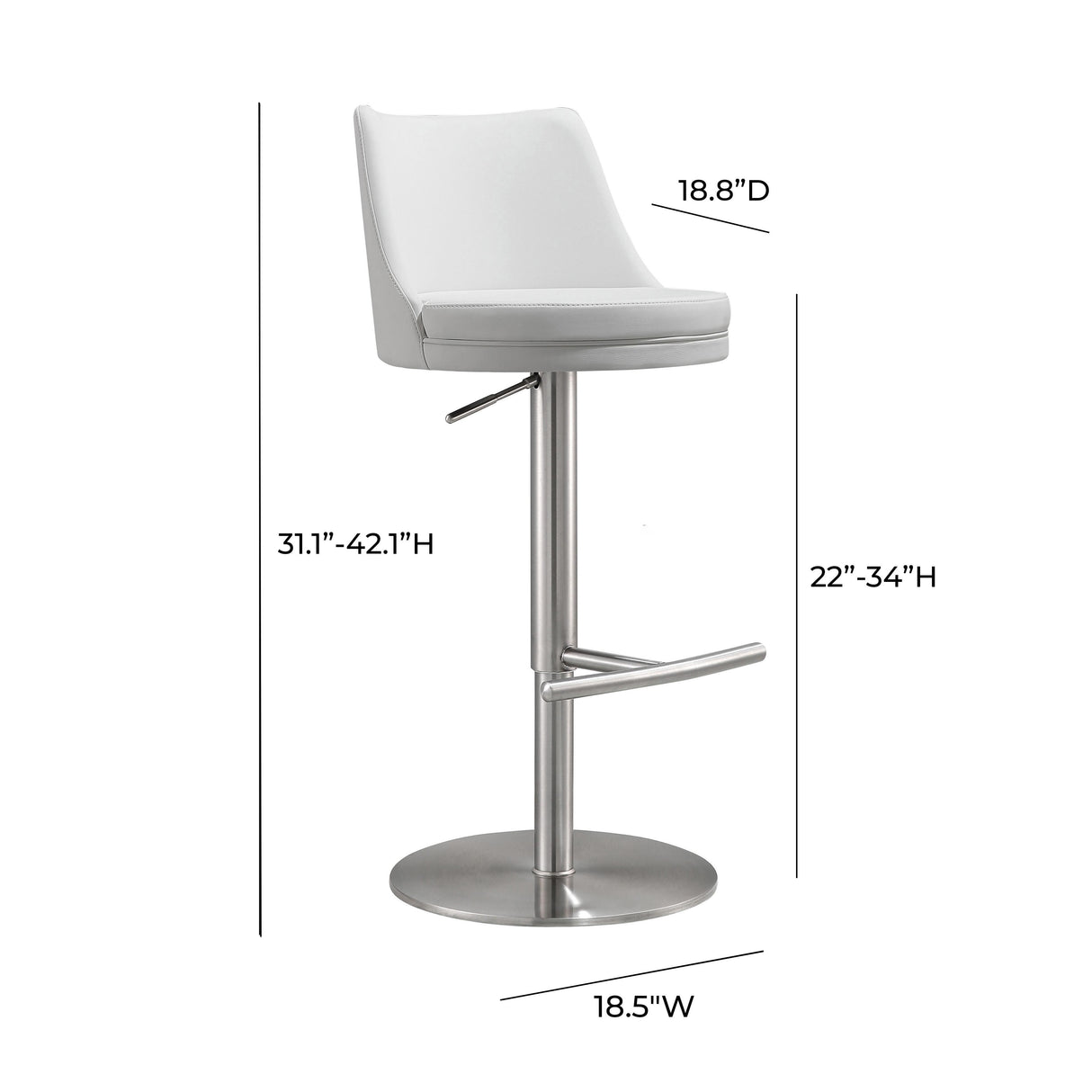 TOV Reagan White Performance Vegan Leather and Silver Adjustable Stool