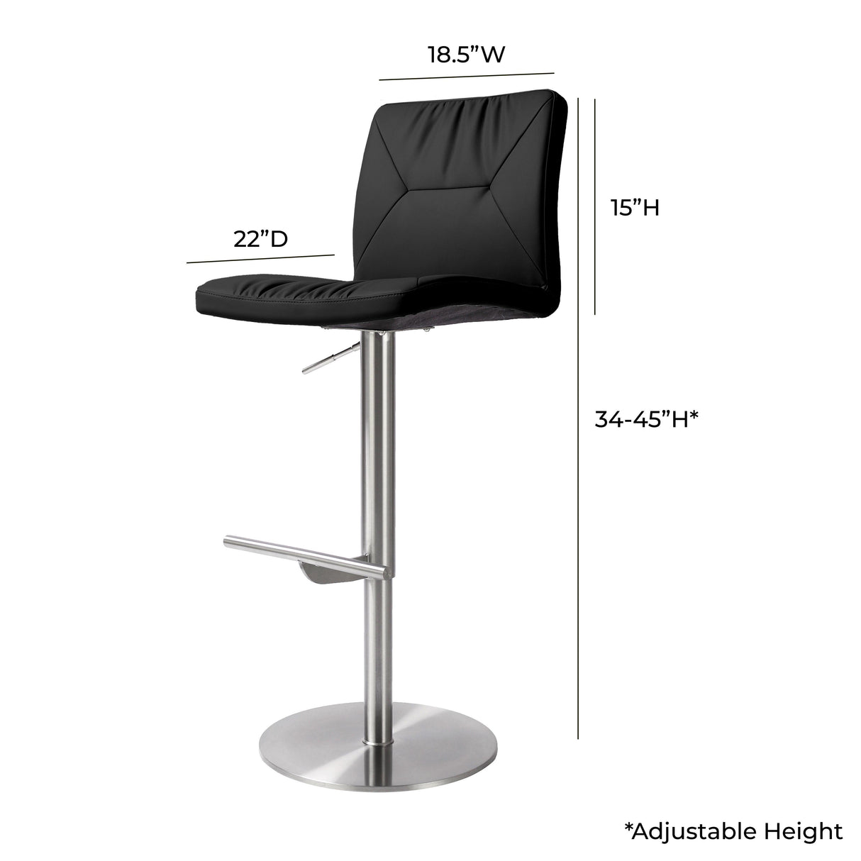 TOV Paddy Black Performance Vegan Leather on Silver Adjustable Stool