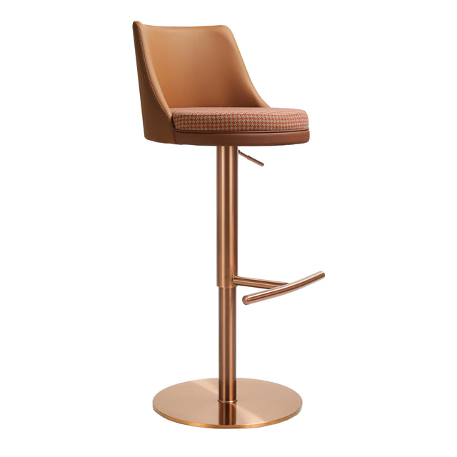 TOV Reagan Cafe Au Lait Performance Vegan Leather and Houndstooth Adjustable Swivel Stool