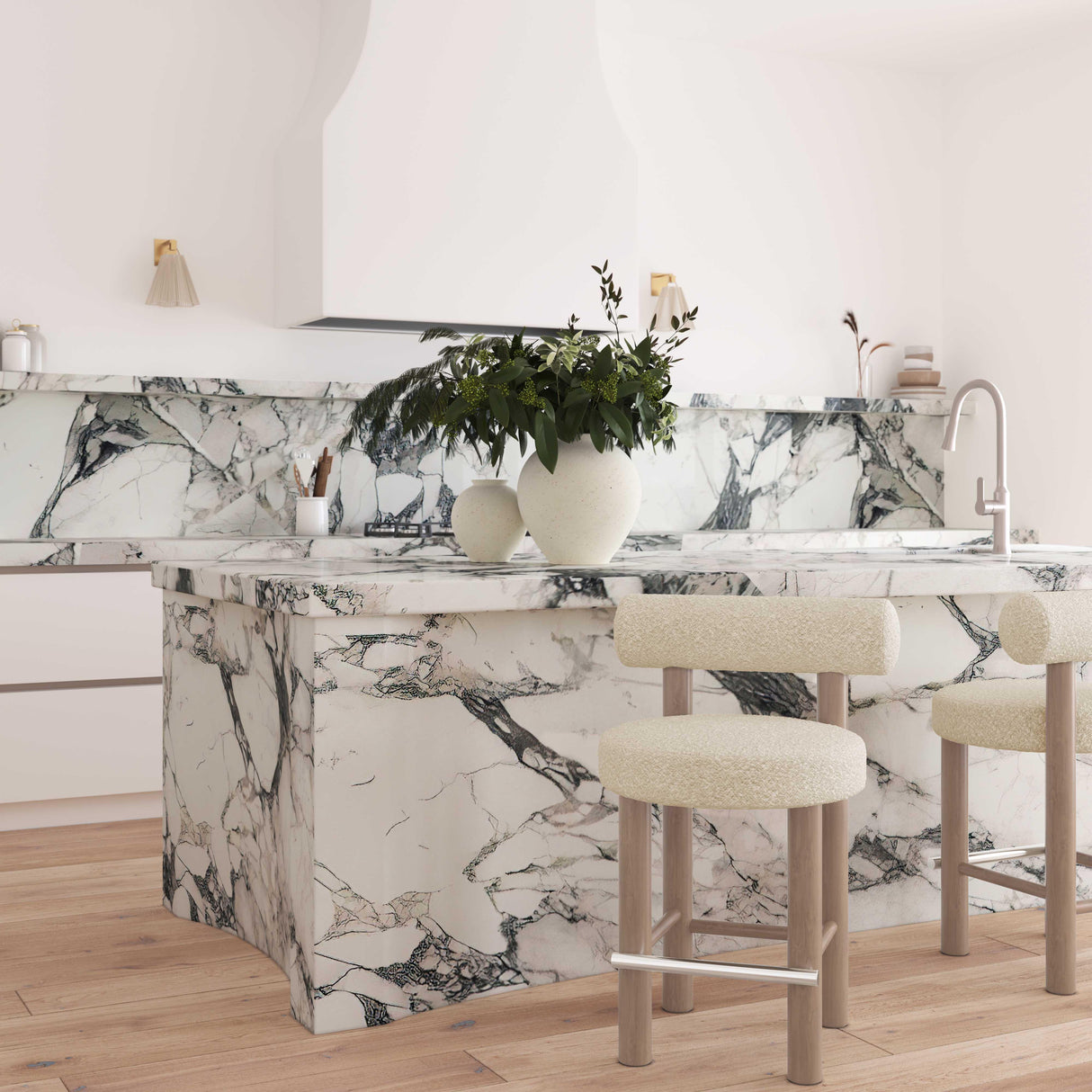 TOV Carmel Cream Boucle and Solid Wood Counter Stool