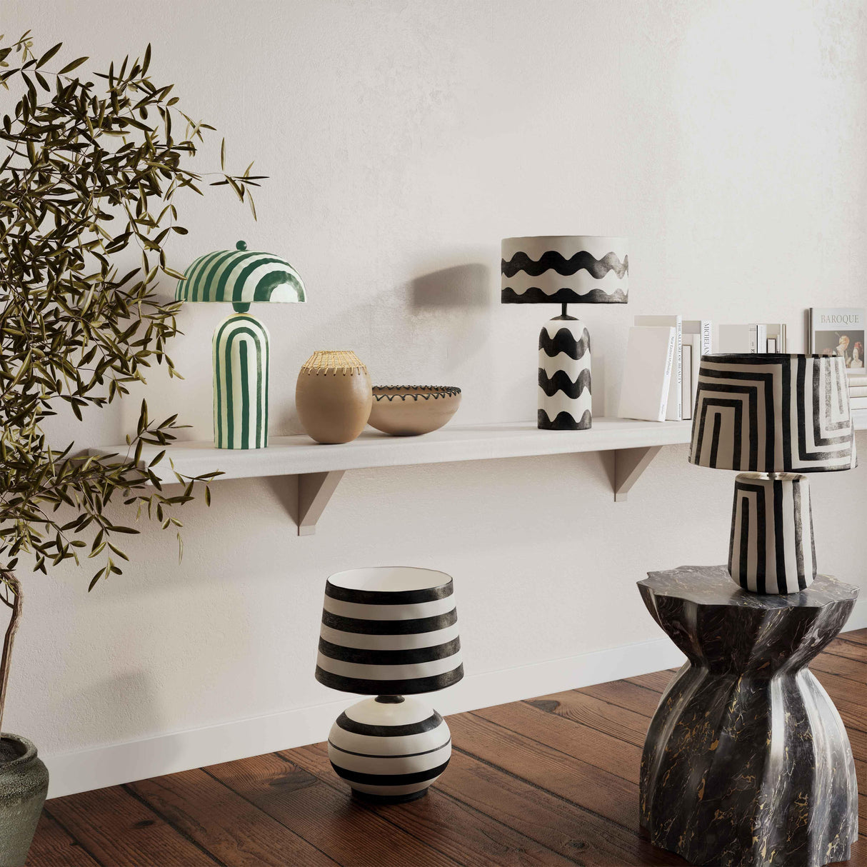 TOV Maiori Dark Green Striped Papier Mache Table Lamp