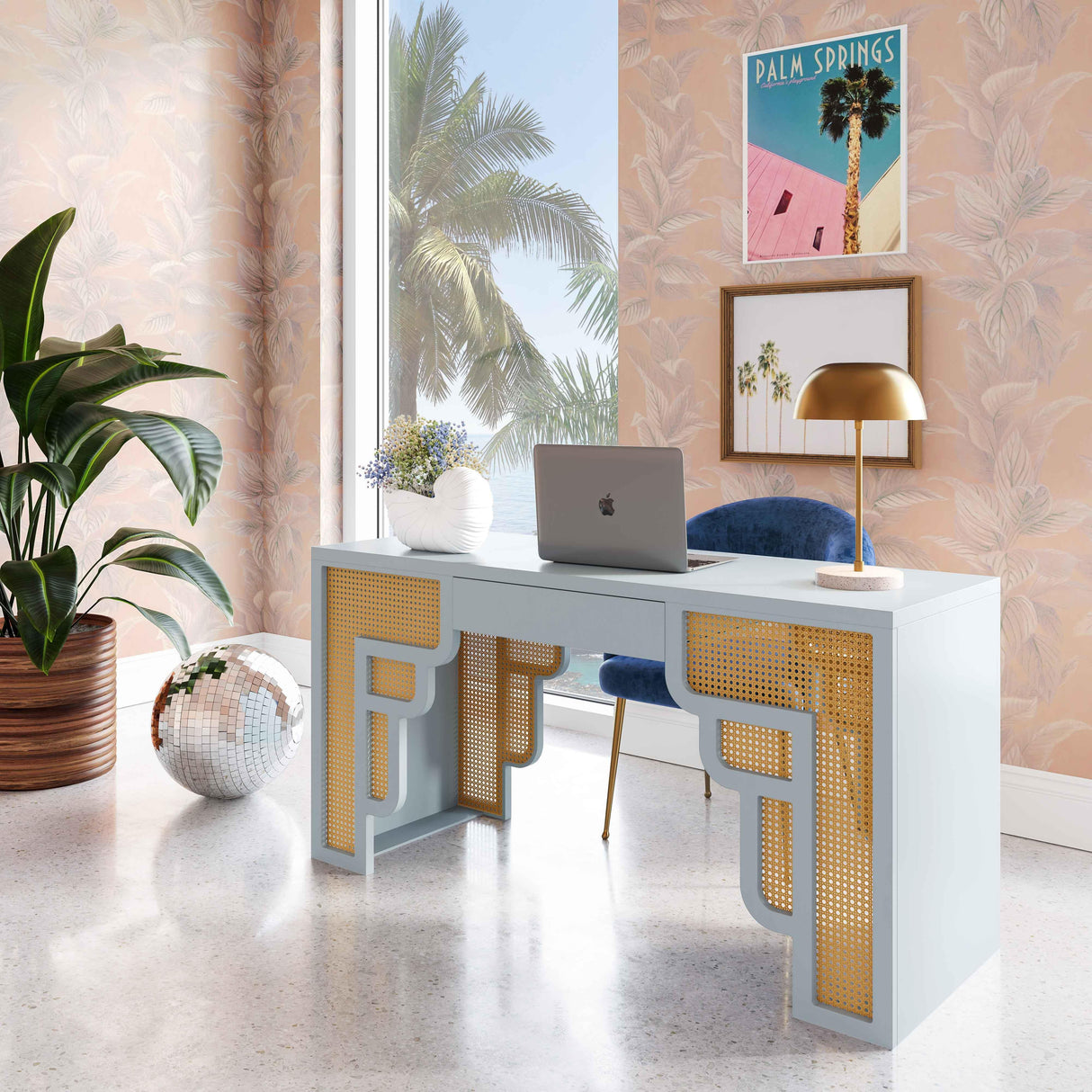 TOV Suzie Pastel Blue & Rattan Executive Desk