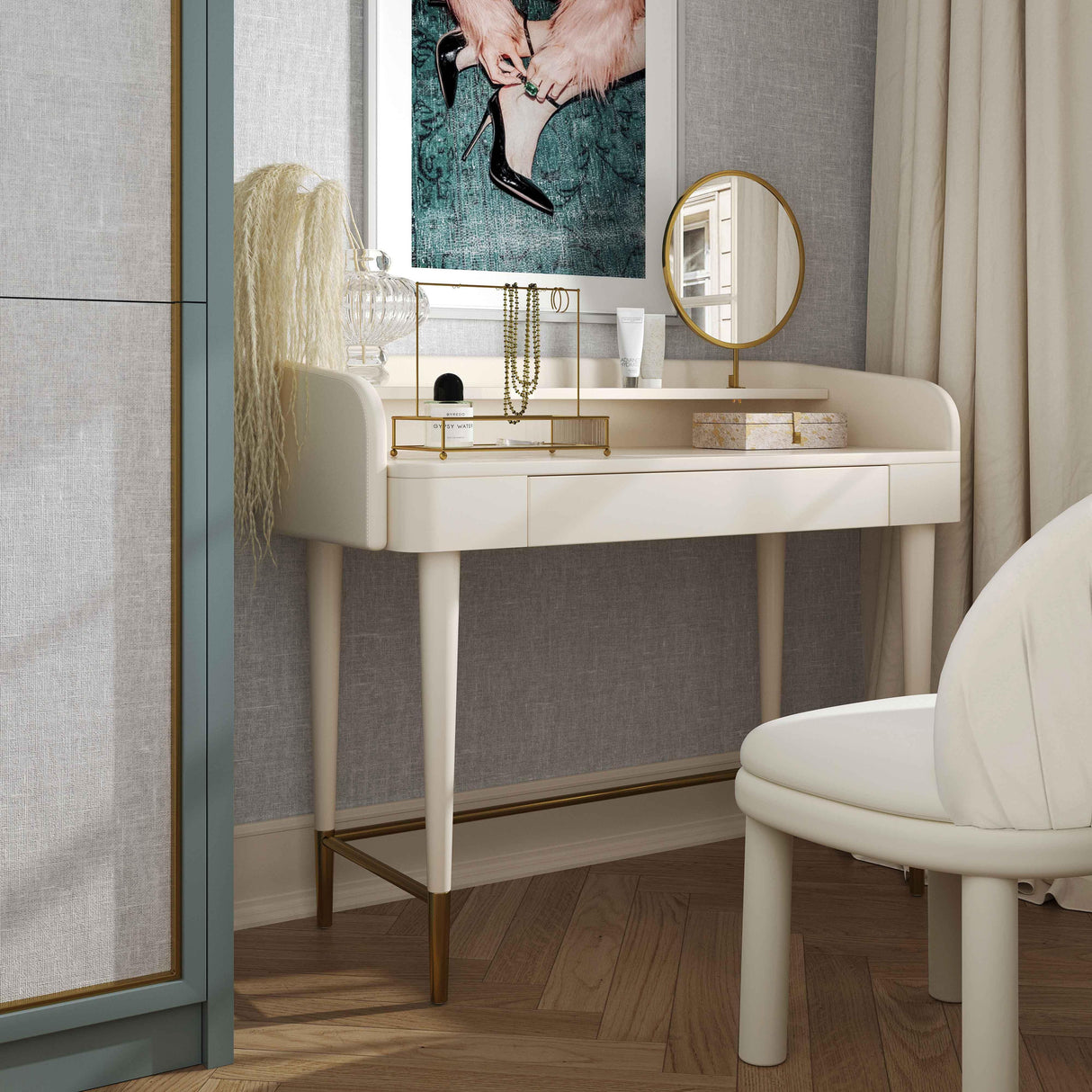 TOV Penelope Cream Vegan Leather Wrapped Vanity Desk