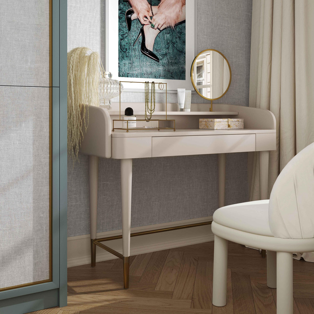 TOV Penelope Taupe Vegan Leather Wrapped Vanity Desk