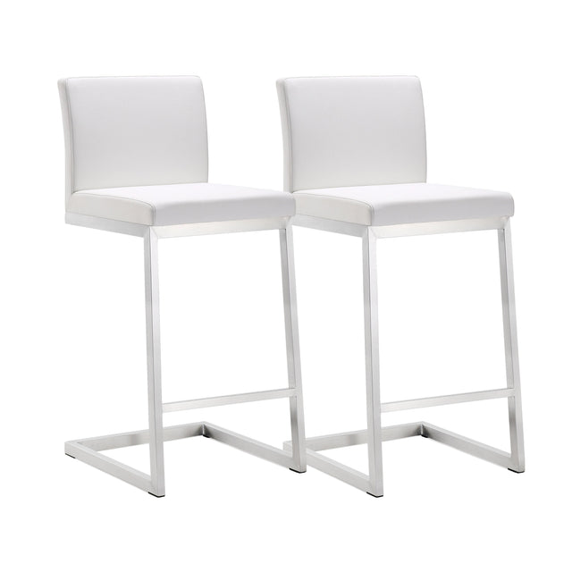 TOV Parma White Performance Vegan Leather and Stainless Steel Counter Stool - Set of 2