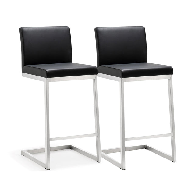 TOV Parma Black Performance Vegan Leather and Stainless Steel Counter Stool - Set of 2