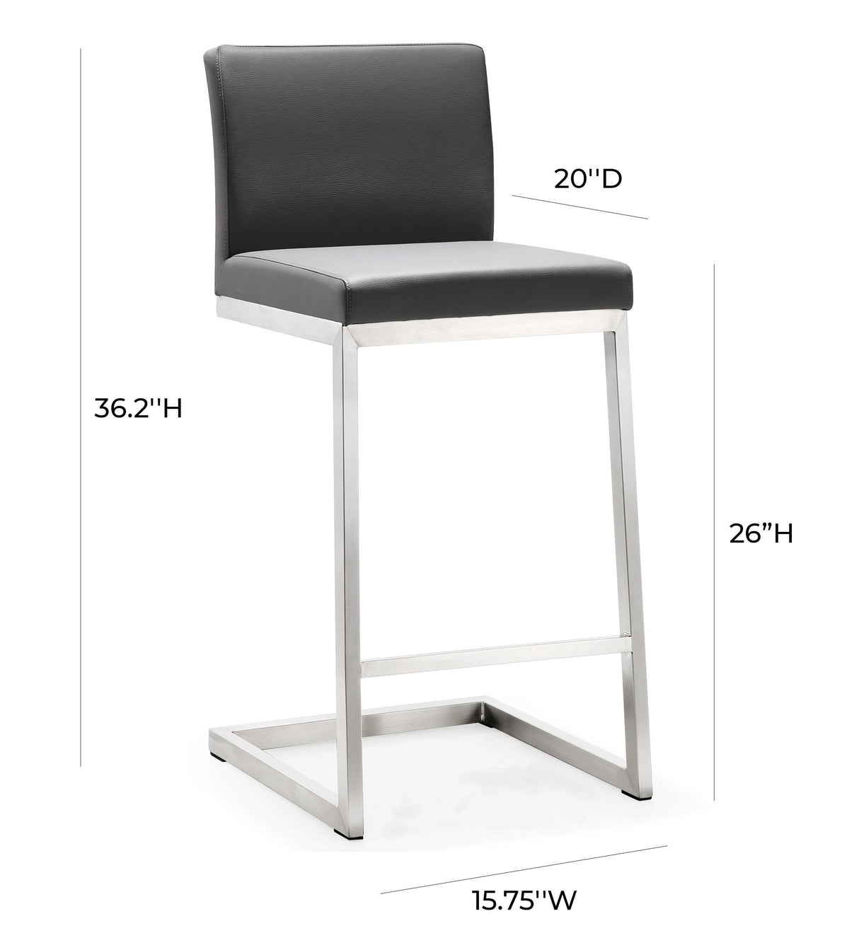 TOV Parma Grey Performance Vegan Leather and Stainless Steel Counter Stool - Set of 2