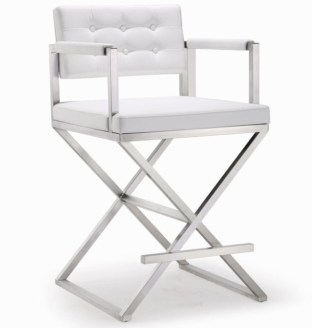 TOV Director White Performance Vegan Leather and Stainless Steel Counter Stool