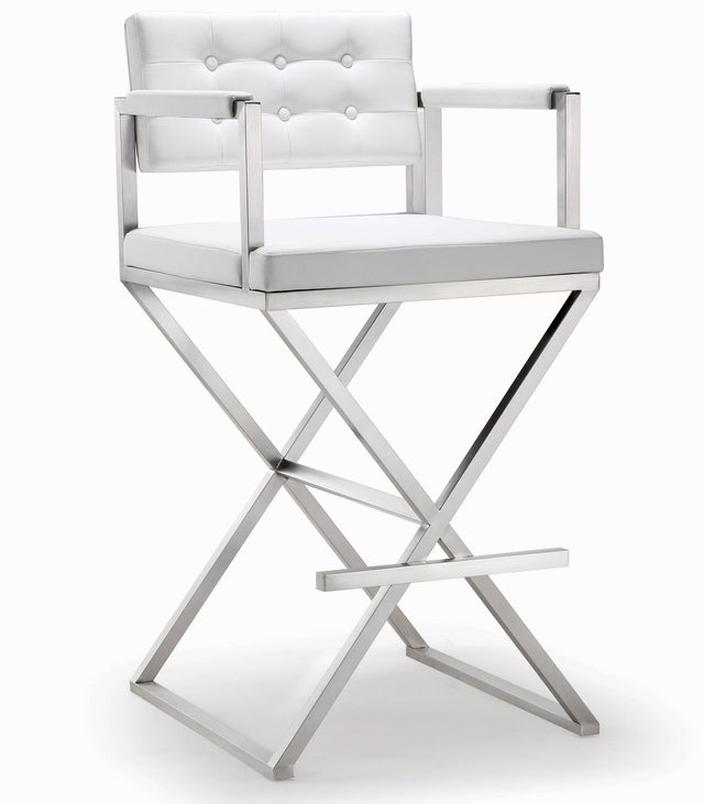 TOV Director White Performance Vegan Leather and Stainless Steel Barstool