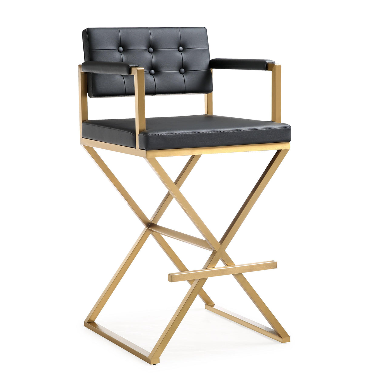 TOV Director Black Performance Vegan Leather and Gold Steel Barstool